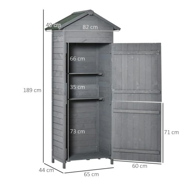 Dark grey wooden storage shed cabinet with shelf interior and double doors