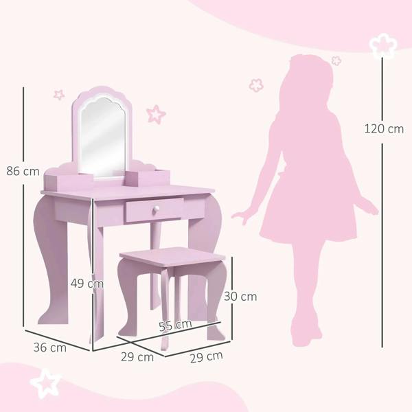 Pink kids vanity table set with mirror and stool, size diagram with measurements