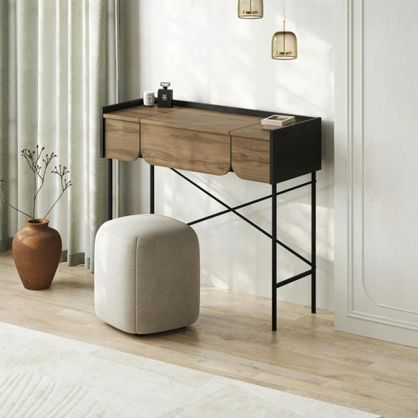 Decortie Modern Terra Dressing Table Lift-Up Mirror Storage Space 2 Drawers Bedroom Vanity Table W100xD40cm Whiskey Oak Black Wood