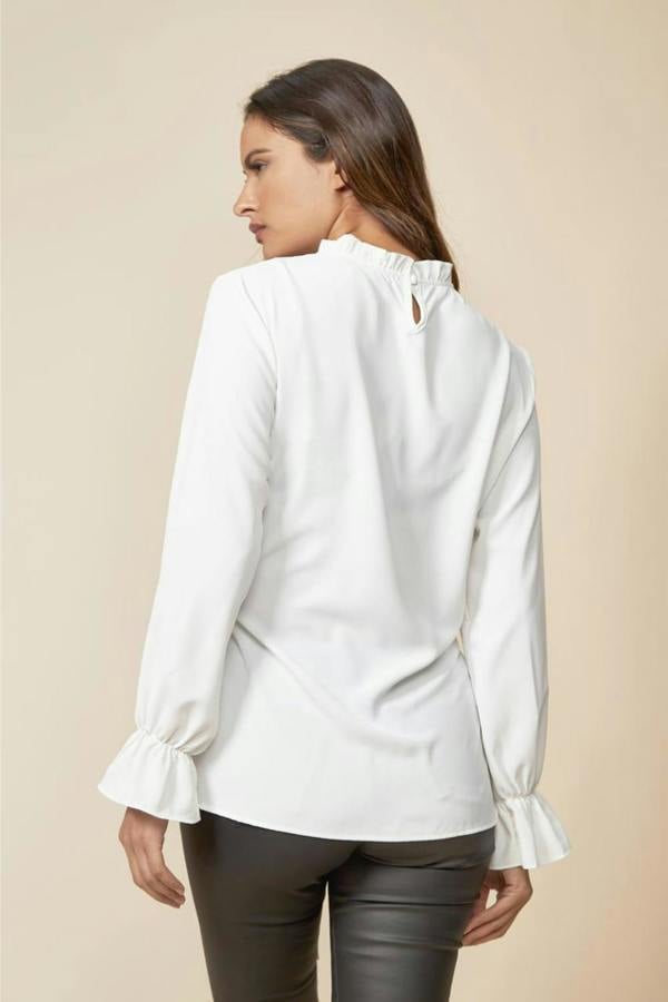 Hoxton Gal Oversized Tie Ruffle Neck Top with Tie Waist Detailed in White