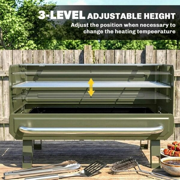 Bobobiy Portable BBQ Grill, Charcoal Barbecue Grill with Adjustable Grates, Foldable Legs, Side Shelf for Camping Travel, Green