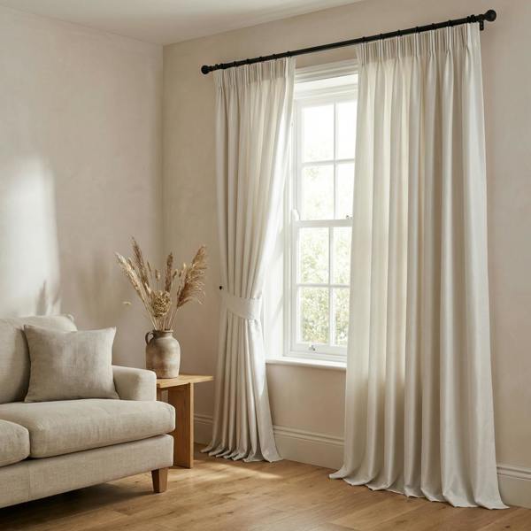 Faux Silk made-to-measure curtains in White, styled in a living room
