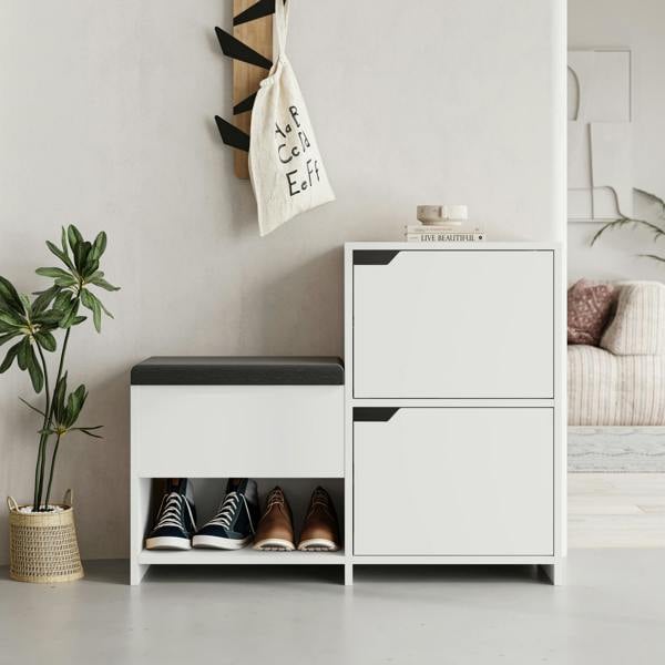 Decortie Modern Haven Shoe Bench Rack White 101.5(W) Organiser Hallway 2 Cupboard Storage Cabinet 1 Open Shelf Fabric Seat