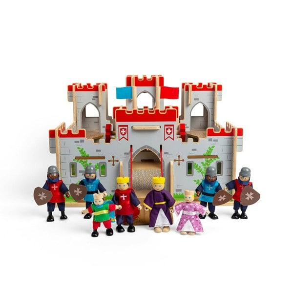 Bigjigs Toys Wooden King George's Castle Bundle With Knights And Royal Family Dolls