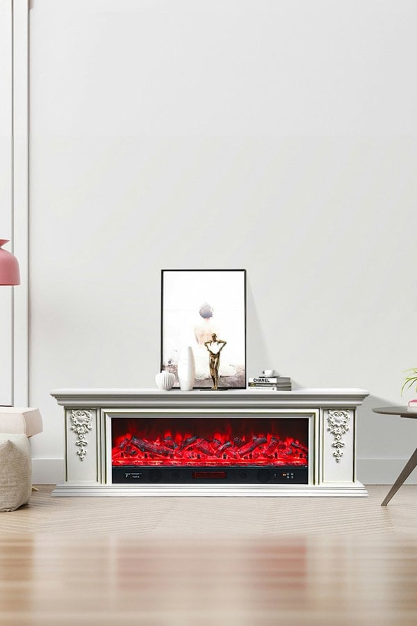 Living and Home Natural Resin Carved Craftsman TV Stand Electric Fireplace Adjustable Flame with Remote - White & Gold