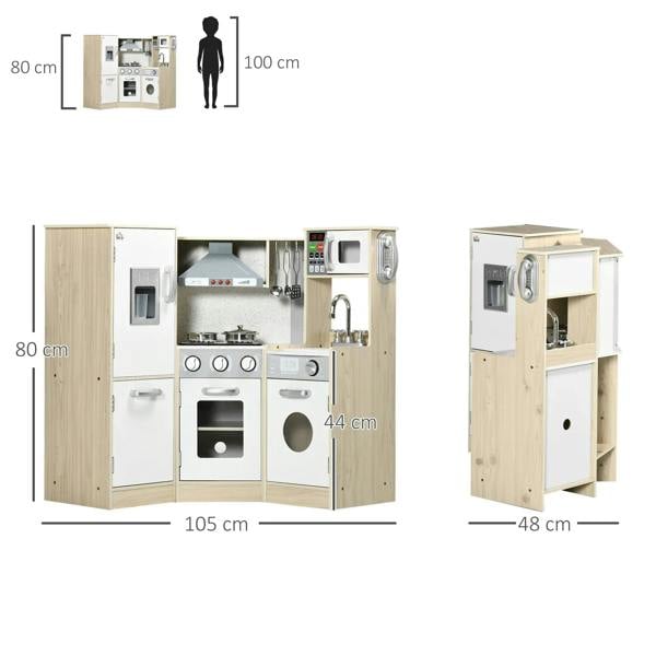 Kids kitchen playset with built-in fridge, stove, oven, and microwave shown from multiple angles