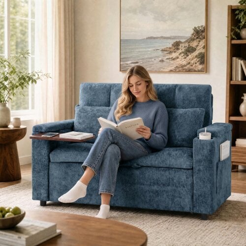 HOMCOM 2 Seater Sofa Bed with Armrest Storage, Side Pockets, Dark Blue