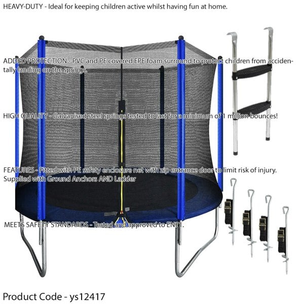 3m / 10ft Kids Trampoline, Enclosure Net, Ladder & Anchors 100KG Max Garden Jump - LoopsDirect