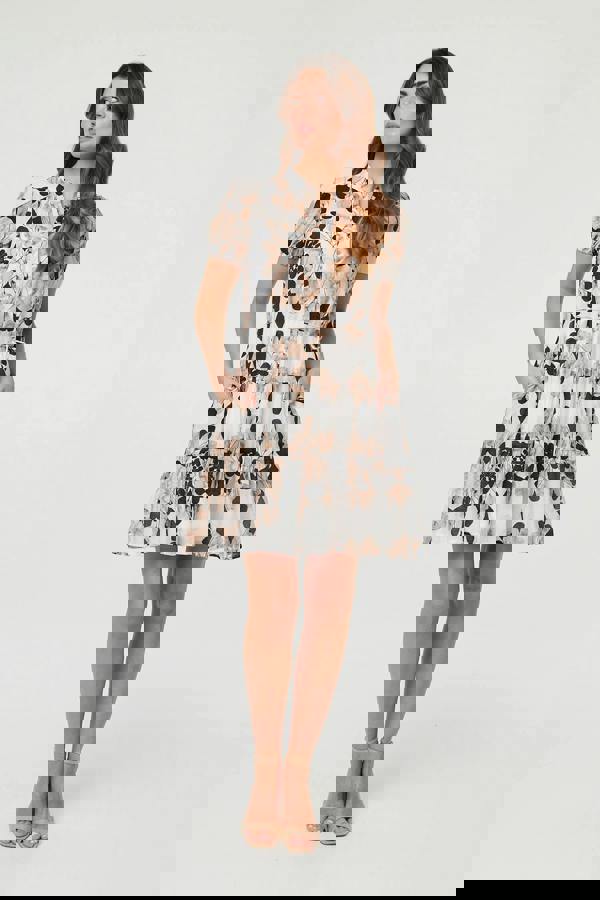 Beige | Abstract Tiered Tie Waist Short Dress