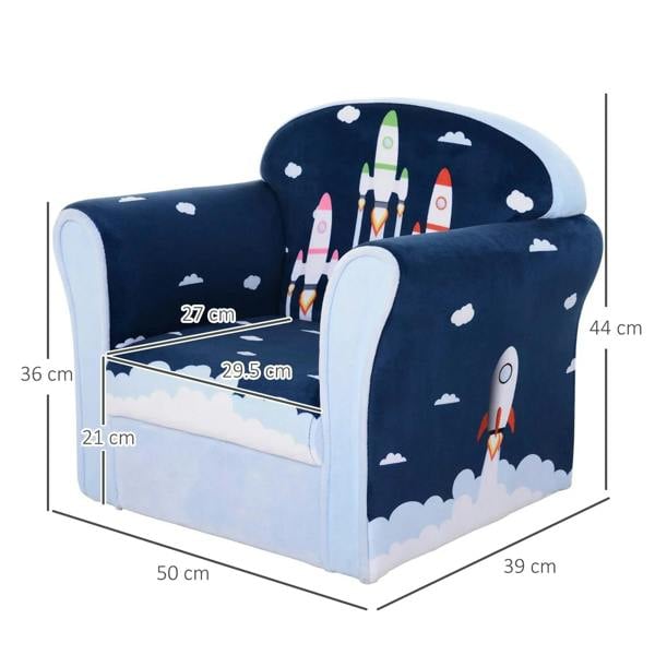 Children's blue armchair sofa with rocket and cloud print, rounded arms and seat