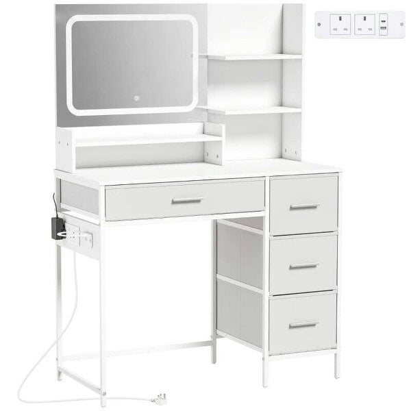 Dressing Table with 3-Colour LED Mirror, Power Outlet, Vanity Desk with 4 Drawers, 5 Shelves, Hair Dryer Holder