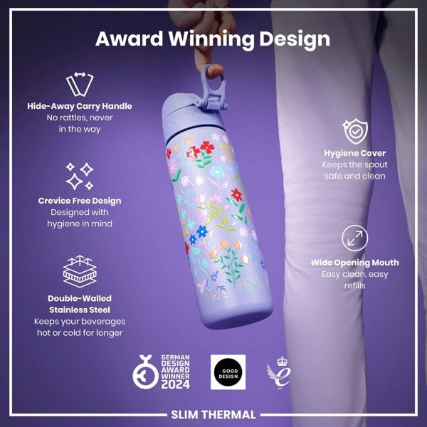 ION8 Leak Proof Slim Thermal Water Bottle, Insulated Steel, Ditsy Floral, 500ml (17oz)