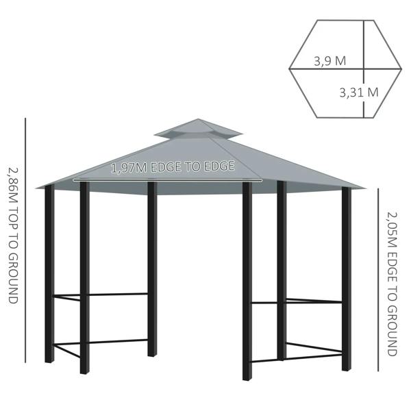 Grey hexagon gazebo canopy with side panels and support frame, with size dimensions