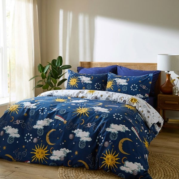 Their Nibs Disco Space Cotton Reversible Duvet Cover Set Navy Blue