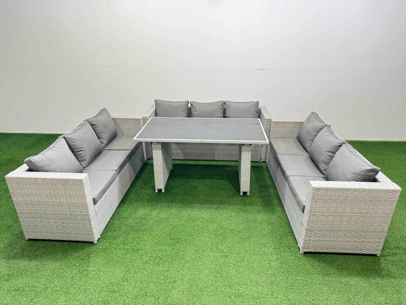 Fimous Patio Outdoor Garden Furniture Sets with Black Glass Top Dining Table 3 Seater Sofa 2 Side Tables Light Grey