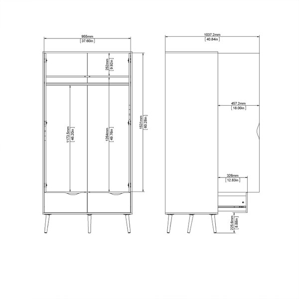 Wyld Haus Sapporo Black and Natural Oak Wardrobe 2 Doors 2 Drawers