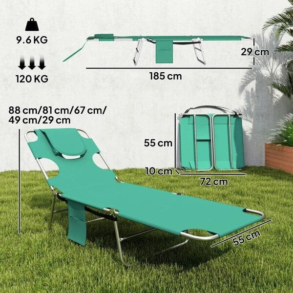 Bobobiy 5-Position Adjustable Sun Loungers Set of 2 with Reading Hole and Side Pocket, Green