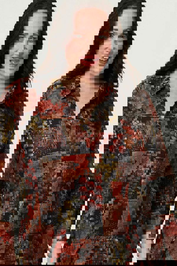 Brown | Curve Printed 3/4 Sleeve Collared Short Dress