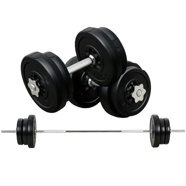 Black adjustable barbell with multiple weight plates and straight steel barbell handle