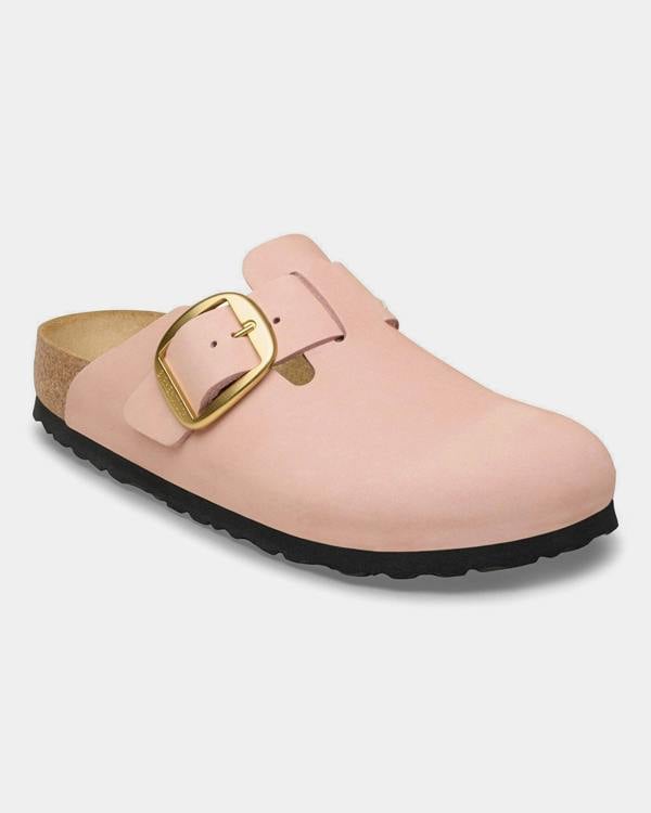 Birkenstock Boston Big Buckle Nubuck Leather Womens Clogs - Soft Pink | CHO | Designer Womens Clogs