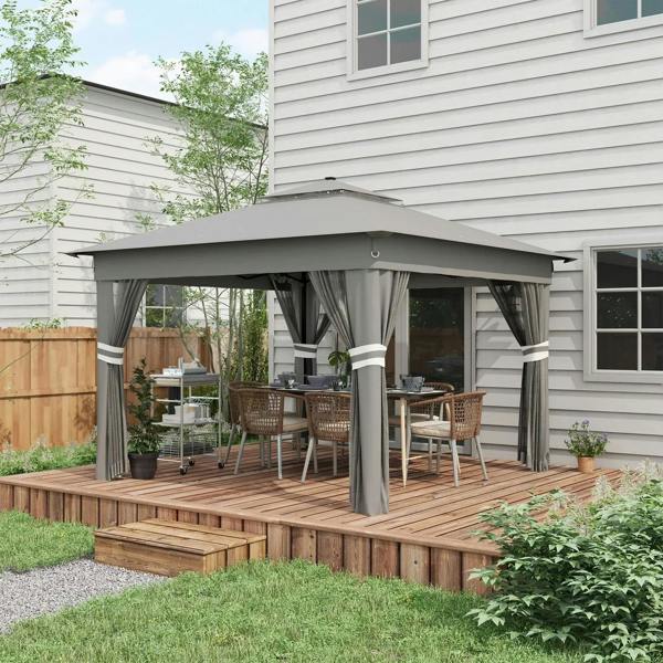Grey pop-up party gazebo with netted side panels and hanging curtains on a deck