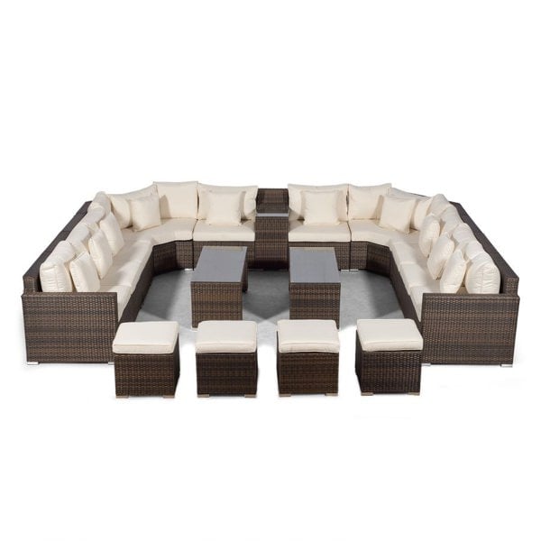 Giardino Santorini U Shape Modular 10 Seat Rattan Sofa Set With Armrest Drinks Cooler, 2 Coffee Tables & 4 Stools