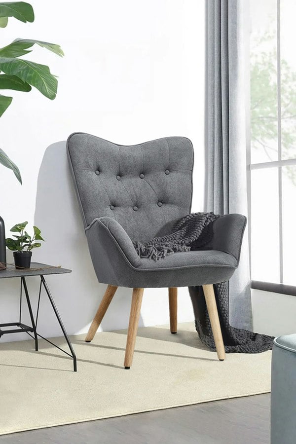 Living and Home Grey Tufted Button Linen Accent Chair with Wooden Legs