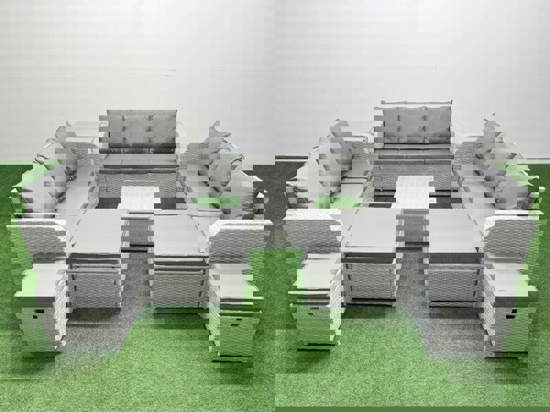 Fimous 13 Seater Outdoor Garden Furniture Set PE Rattan Lounge Sofa Set with Coffee Table 3 Seater Sofa 4 Footstools Side Table Light Grey