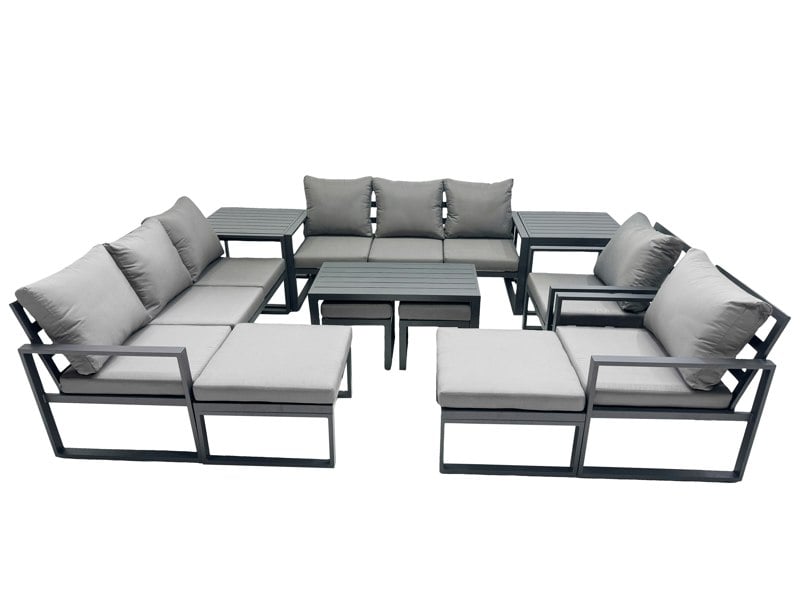 Fimous Outdoor Garden Furniture Set Aluminium Lounge 3 Seat Sofa Oblong Coffee Table Sets with 2 Chairs 4 Stools 2 Side Tables Dark Grey