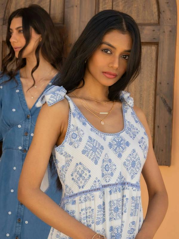 Rose & Nancy Maisy Blue White Printed Lace Trim Maxi Sun Dress&nbsp;