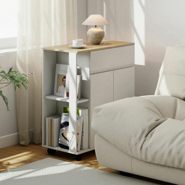 Kitchen Storage Trolley Cart with Cabinet, Drawer and Open Shelves, White