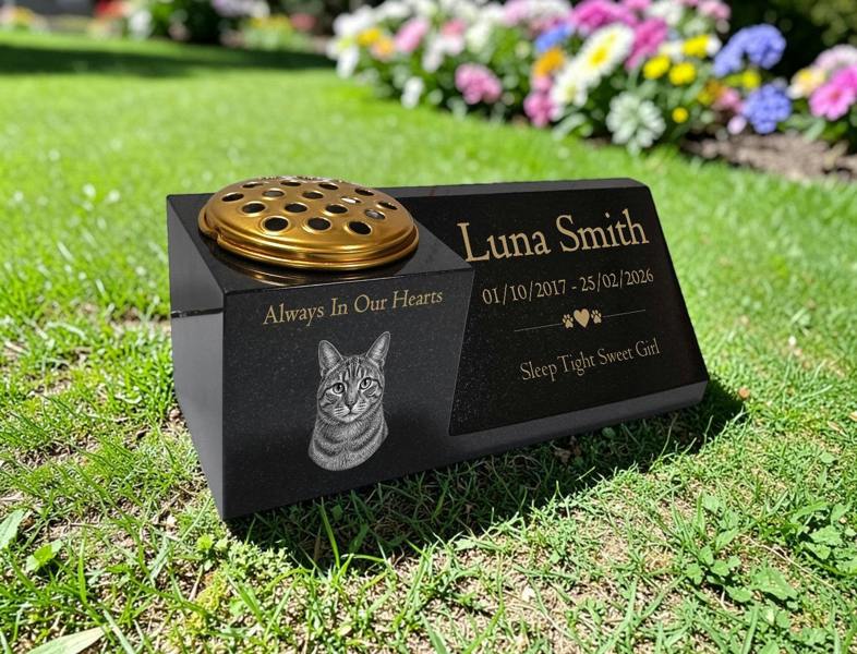 Memorials Direct Cat Memorial Granite Photo Vase & Plaque Combination
