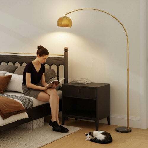 Wyld Haus Ketota Gold Metal And Black Marble Arc Bell Floor Lamp With Adjustable Shade