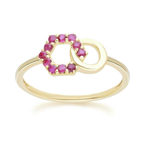 Gemondo Geometric Hexagon and Round Linked with Prong Set Ruby Ring in 9ct Yellow Gold