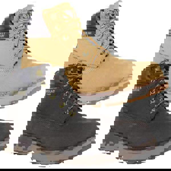 Caterpillar Persue Mid Men's Casual Lace Up Leather Ankle Boots, showcasing brown and black rugged ankle boots with padded collars, metal eyelets, and durable rubber soles.