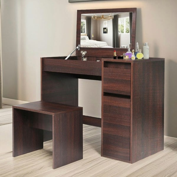 Rafaelo Mobilia 2-in-1 Dressing Table Workstation With Stool Walnut