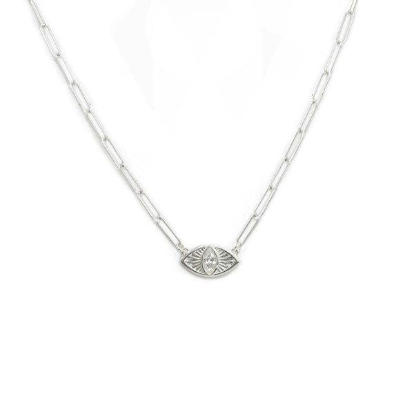 Say It With Clear Stone Evil Eye Necklace - Yellow Gold Plated - Silver