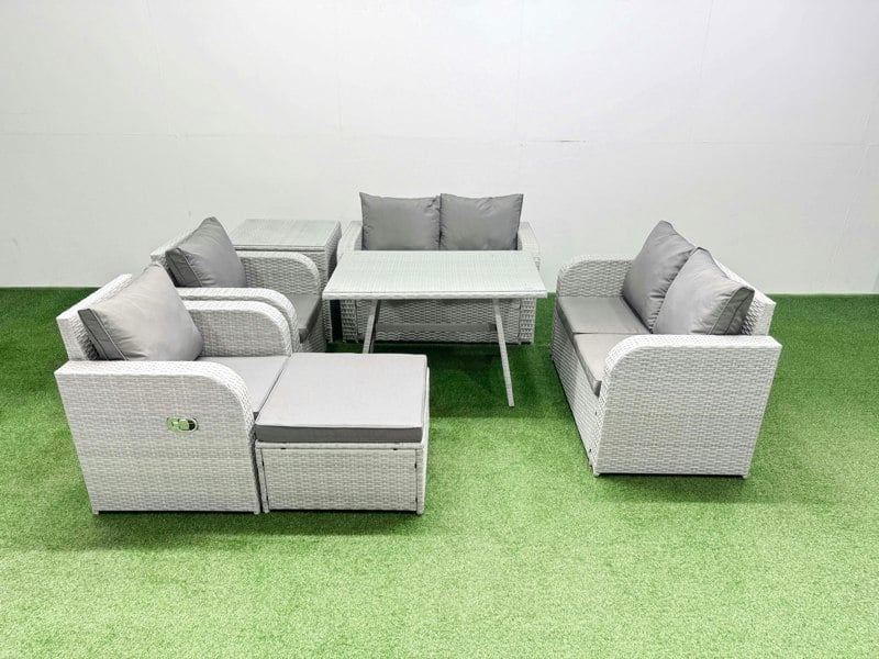 Fimous 7 Seater Rattan Garden Furniture Set Outdoor Love Sofa Set with Rectangular Dining Table Side Table Big Footstool Light Grey