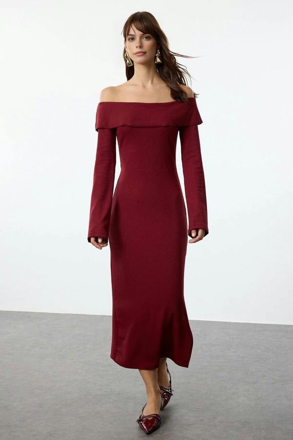 WOVCOR Carmen Collar Soft Textured Midi Knit Pencil Dress