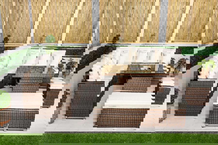 Giardino Santorini 6 Seat Modular Corner Sofa Rattan Garden Furniture Set Outdoor Adjustable Drinks Cooler Coffee Table & Bench