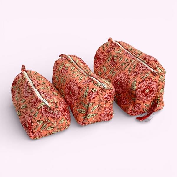 Hayley & Co Sunflower Block Print Cotton Washbag, Make Up Bag, Pencil Case with Waterproof Lining - Pink Sunflower Print