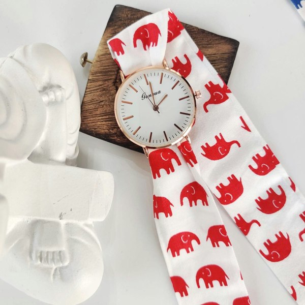 The Colourful Aura Elephant Print Changeable Fabric Cotton Tie Knot Strap Geneva Women Wristwatch