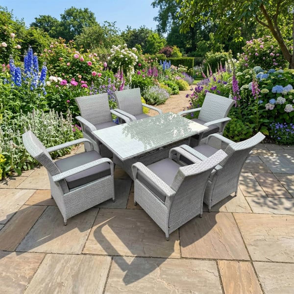 Fimous 6 Seater Rattan Outdoor Garden Furniture Set with Rectangular Table and 6 Chairs - Light Grey