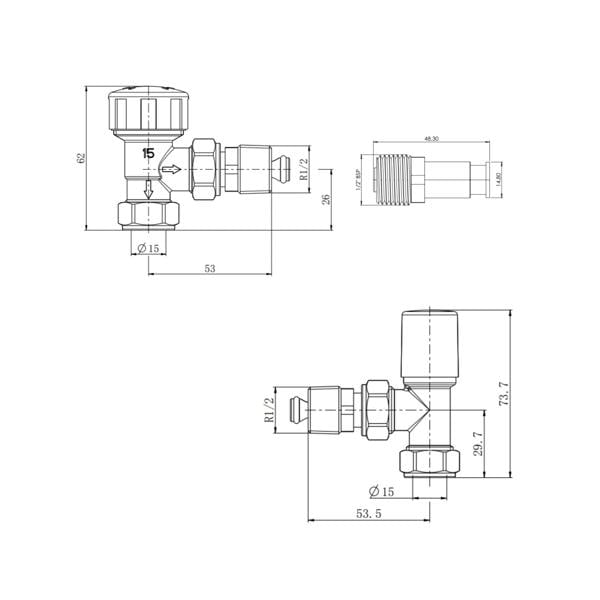 Flode Angled Round Thermostatic TRV & Lockshield With Shut Off | 15mm x 1/2″ | Gloss White