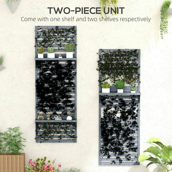 Two-piece grey wall-mounted plant trellis set with multiple tier shelves and slats