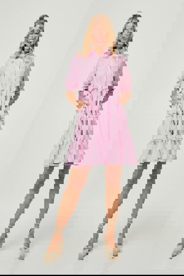 Pink | Striped 1/2 Sleeve Short Shirt Dress
