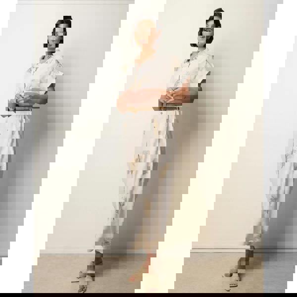 Blue Vanilla Linen Belted Dress With Feather Embroidery