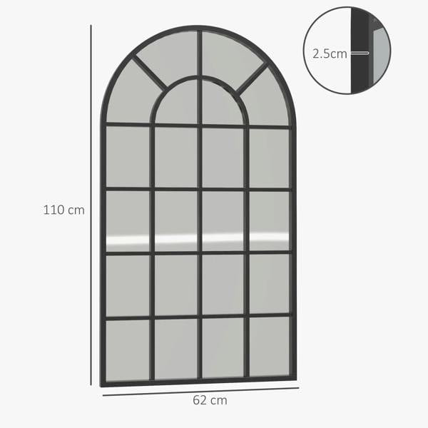 Black arched window mirror, 110 x 62 cm, with grid frame and reflective glass