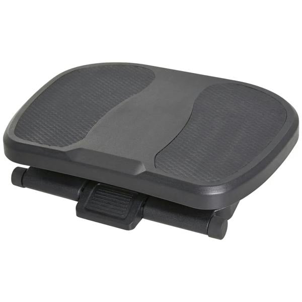 Black under-desk footrest with textured dual foot pads and central support.