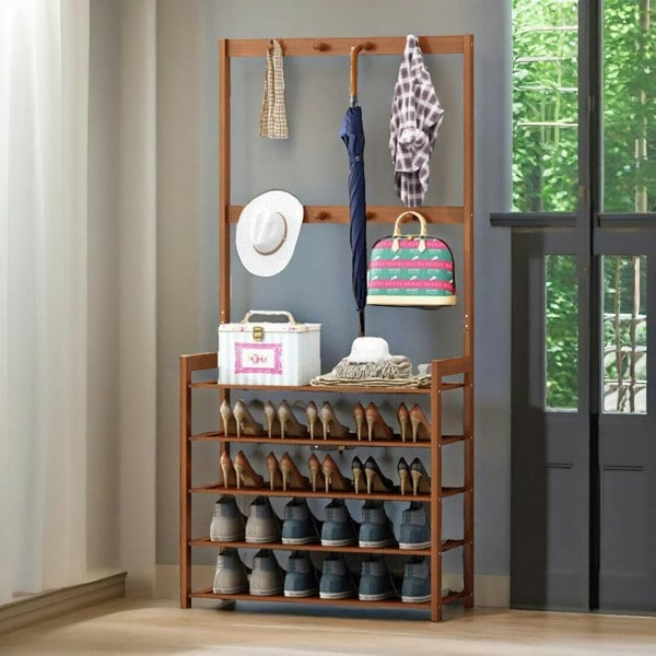 Rafaelo Mobilia Bamboo Clothes Rack With 12 Hooks & 5 Tier Shoe Storage